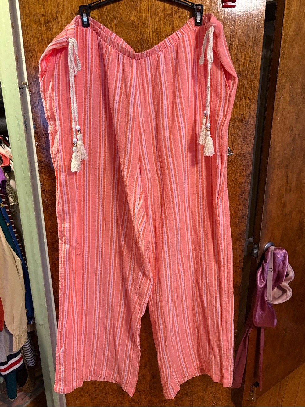 No Boundaries Coral Pink Striped Wide-Leg Jumpsuit Pants